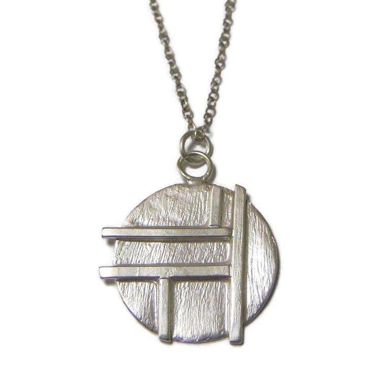 Handmade Sterling Silver Disc Pendant, Geometric Grid Pattern Necklace