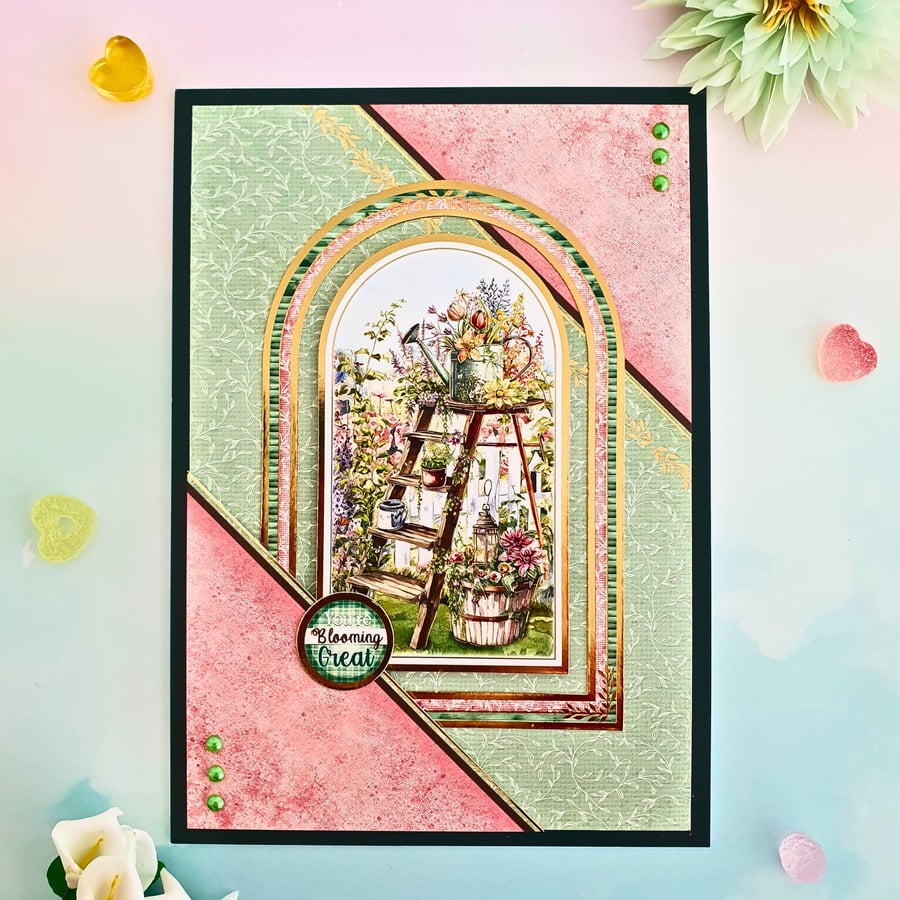 Handmade floral card for many occasions, "You Are Blooming Great", Green & Pink