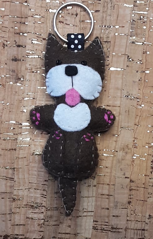 Dog on Back Dark Brown & White Felt Key Ring - Bag Charm