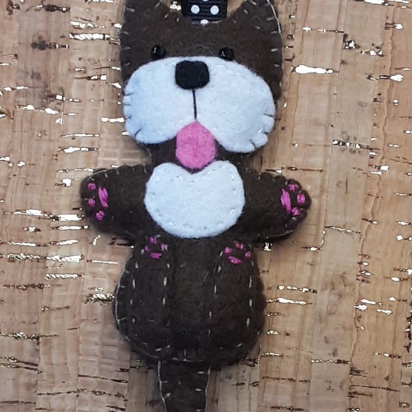 Dog on Back Dark Brown & White Felt Key Ring - Bag Charm