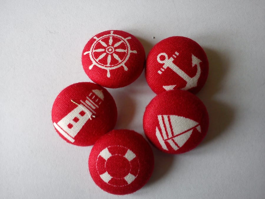 Red Nautical fabric covered buttons anchor boat lighthouse life preserver