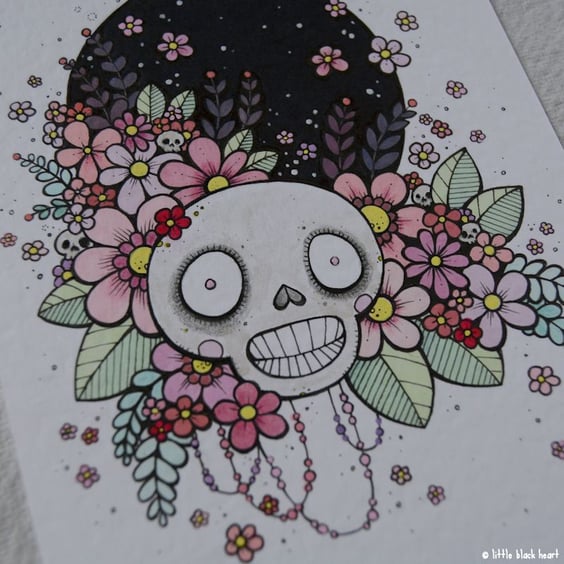 spring flowers skull - original A6 illustration 