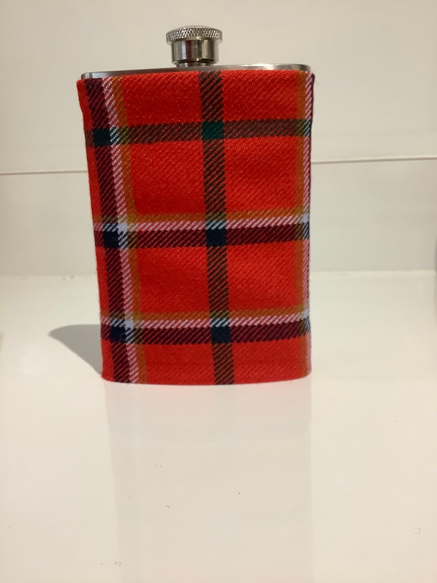 Red with Black and White Wool Tartan 8oz Hip flask