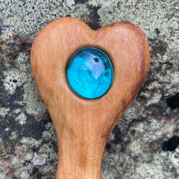 Cherry Wood 'Heart' Spoon with Recycled Aquamarine Glass