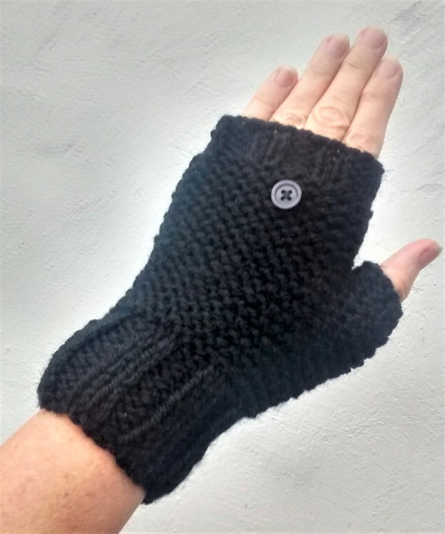 Ladies Hand Knit Black Fingerless Gloves 