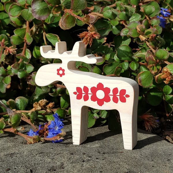 Red Scandi Dala Moose Flowerful Ornament Handmade Wooden Hygge Deco