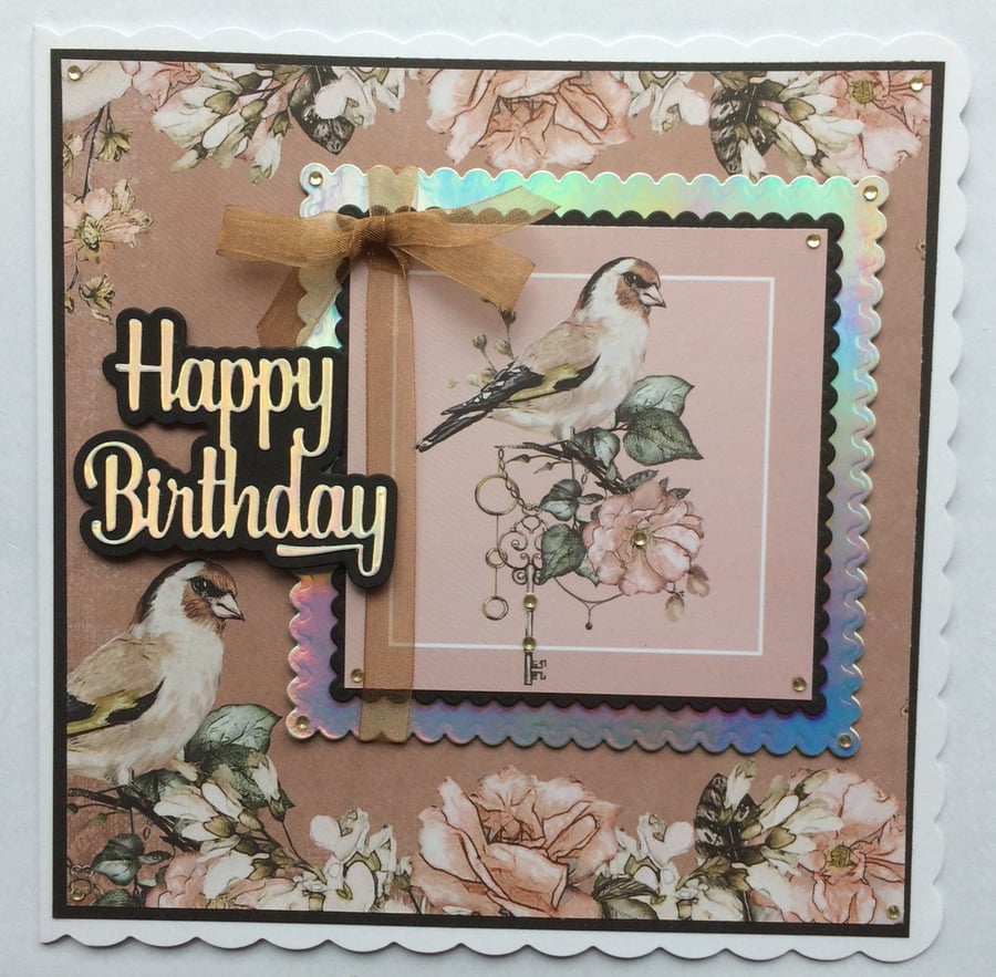 3D Luxury Handmade Card Steampunk Bird Keys Flowers All Occasions Birthday