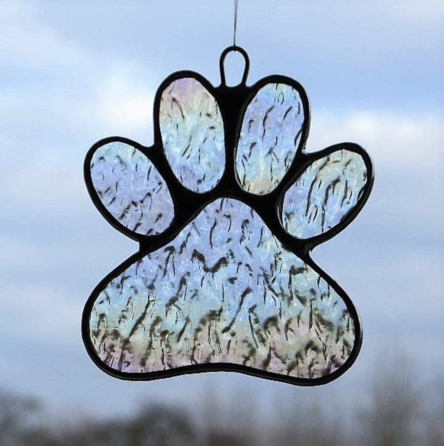 Paw Print in clear textured iridescent glass