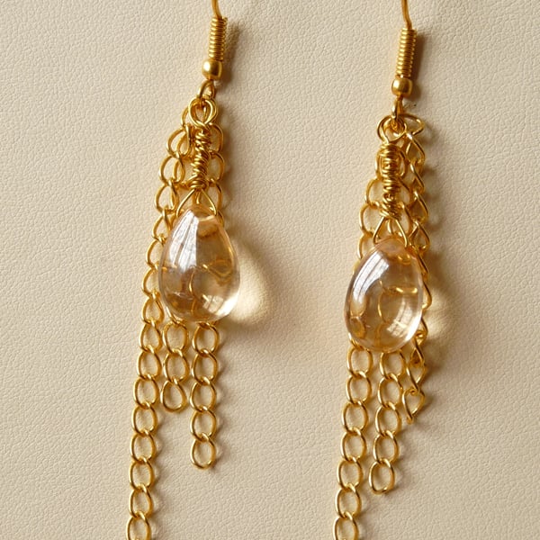 Champagne Quartz & Chain Drop Earrings - Genuine Gemstone