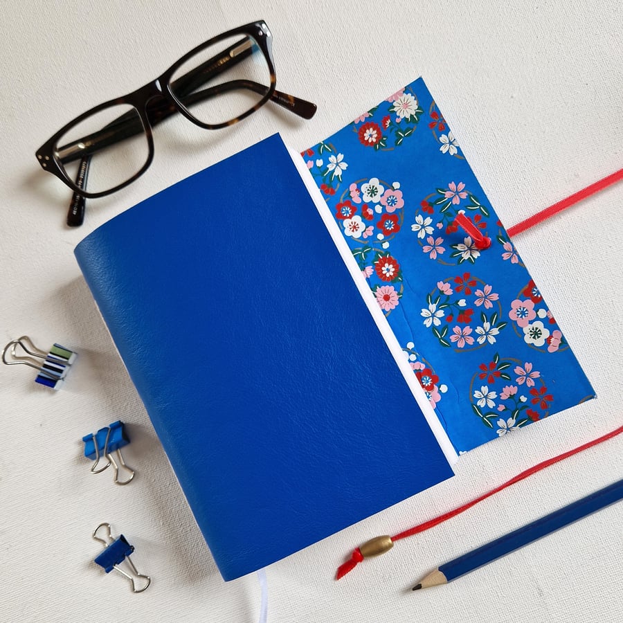 Blue Daisy Leather Journal, lined with Chiyogami Paper, perfect Mothers Day Gift