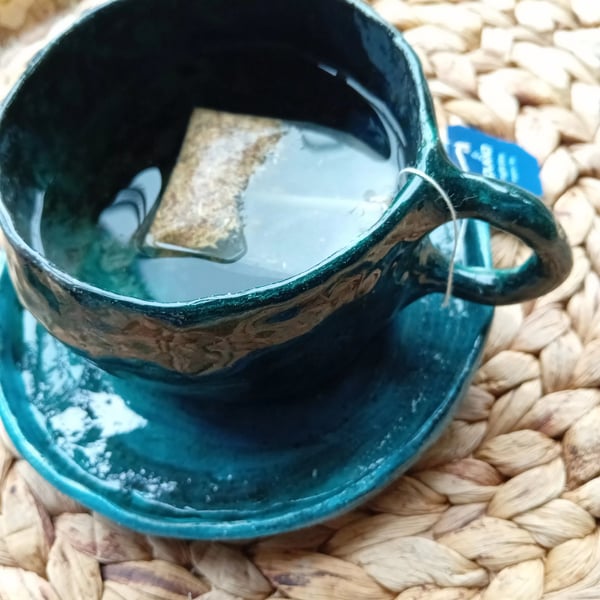 Tea cup mug,pinched pot  ceramic, navy, blue, brown crackle glaze, rustic