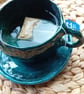 Tea cup mug,pinched pot  ceramic, navy, blue, brown crackle glaze, rustic