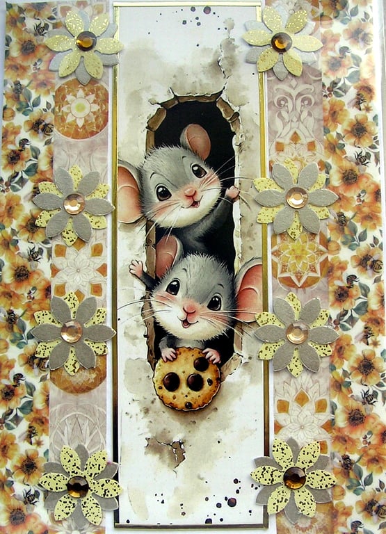 Playful Mice Mouse - Hand Crafted Decoupage Greeting Card - Blank (3787)