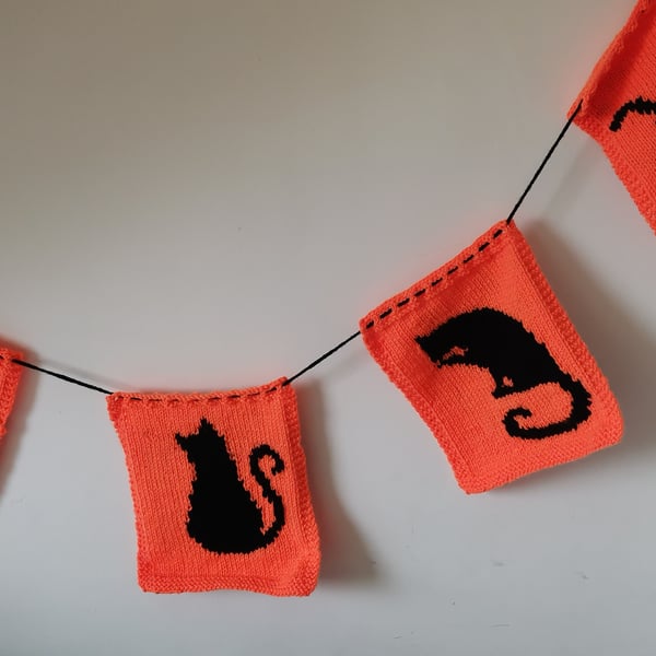 Hand Knitted Black and Orange Cat Bunting, Home Decor