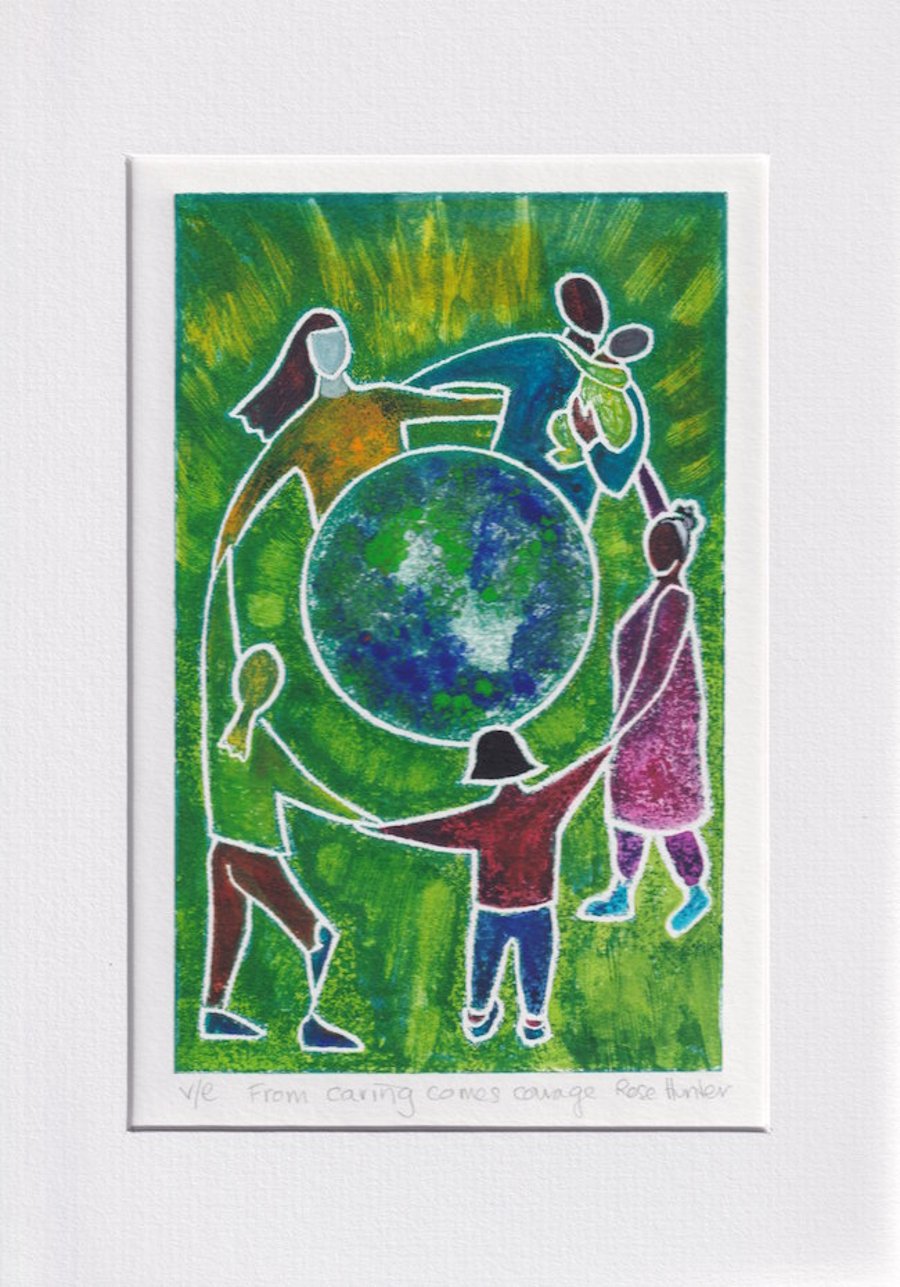 From caring comes courage - original hand painted lino print 001