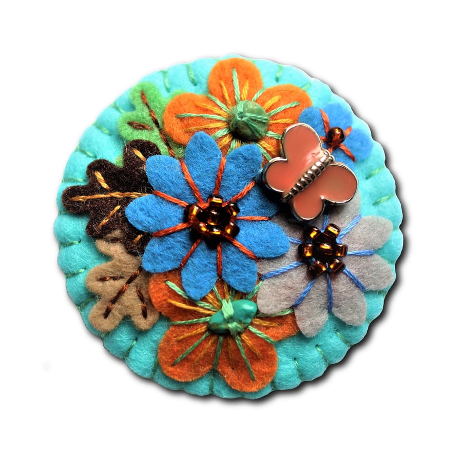 Japanese Art Inspired Handmade Mini Felt Brooch - Turquoise - Limited edition