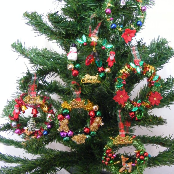 Set of 6 handmade Christmas wreath tree decorations