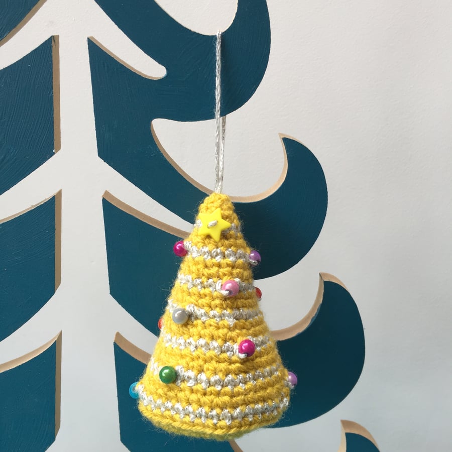 Crochet hanging tree decoration - mustard yellow