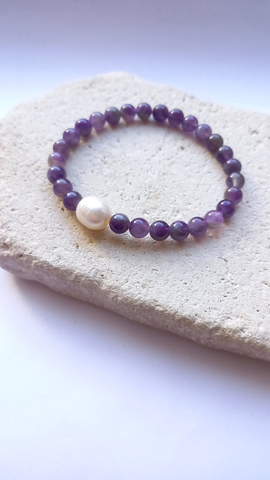Amethyst, Beaded, Elastic, Bracelet, with a White, Freshwater Pearl, Accent