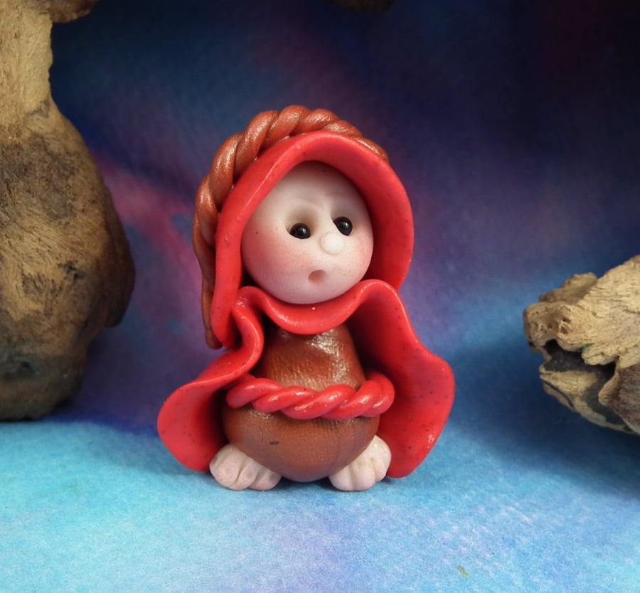 Tiny Toadstool Gnome with red robes 'Farla' OOAK Sculpt by Ann Galvin