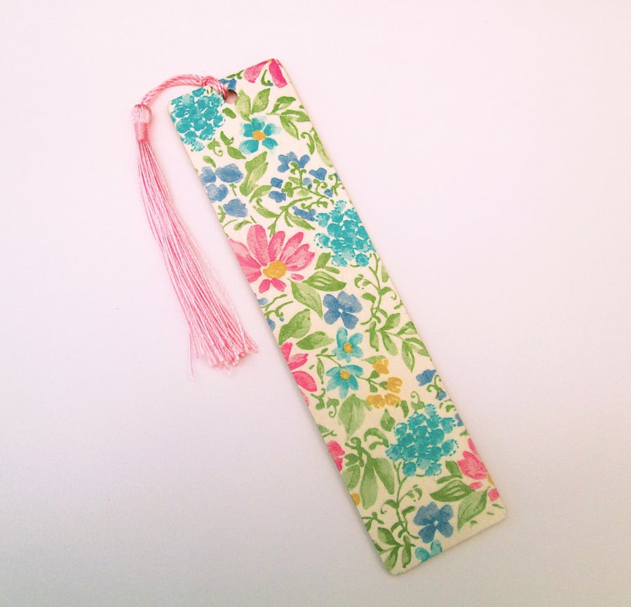 Pink and blue flowers wood decoupage bookmark with tassel