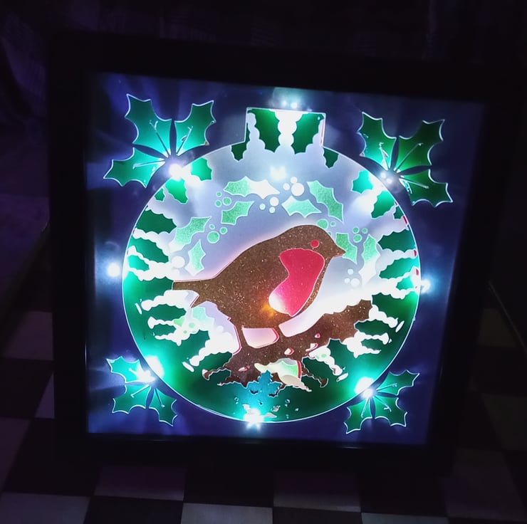 Festive Robin, shadow light box, Night Light Folksy