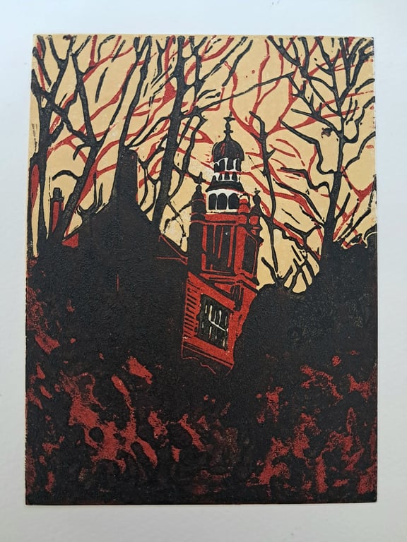 Home on the Hill, original linocut small print, romantic gothic style image.