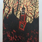 Home on the Hill, original linocut small print, romantic gothic style image.