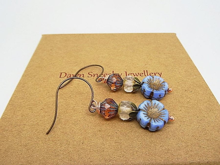 Czech Glass Earrings, Floral Earrings, Pansy Earrings, Blue Earrings, handmade.