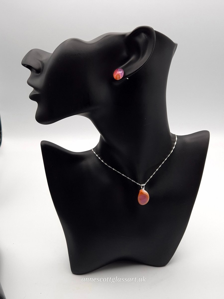 Image of Coral Fused Glass Stud Earrings and Pendant Set
