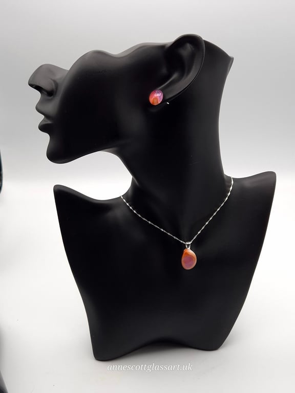 Coral Fused Glass Stud Earrings and Pendant Set