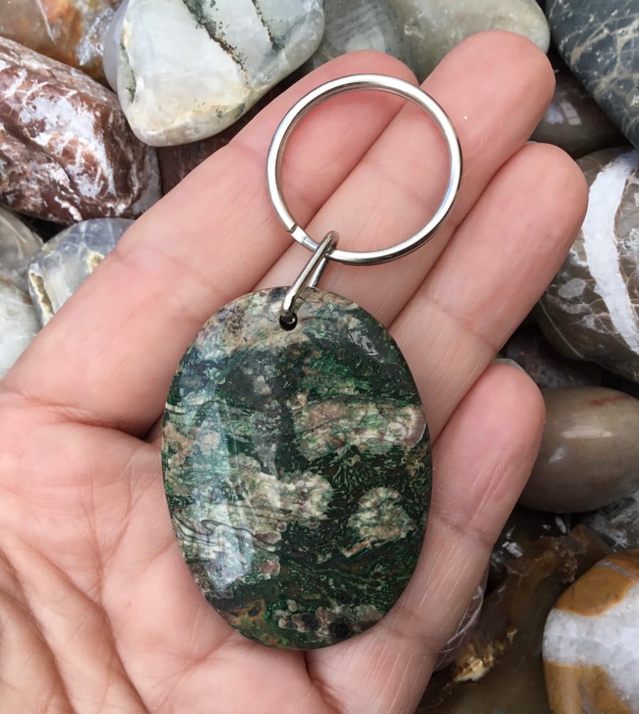 Forrest Tones Brecciated Jasper Gemstone Keyring or Handbag Charm.