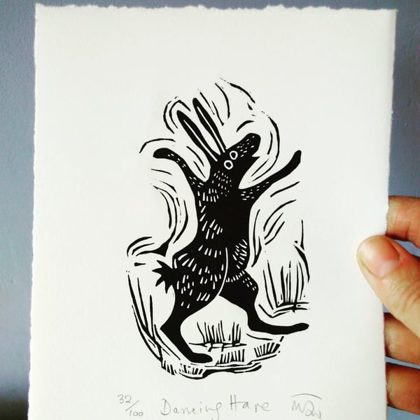 Lino Print - Dancing Hare - hare art, hares, 