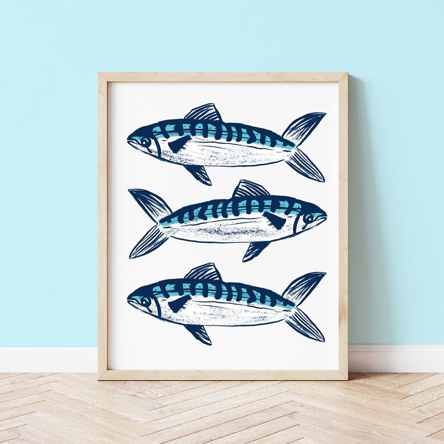 Cornish Mackerel A4 Art Print Handmade in Cornwall