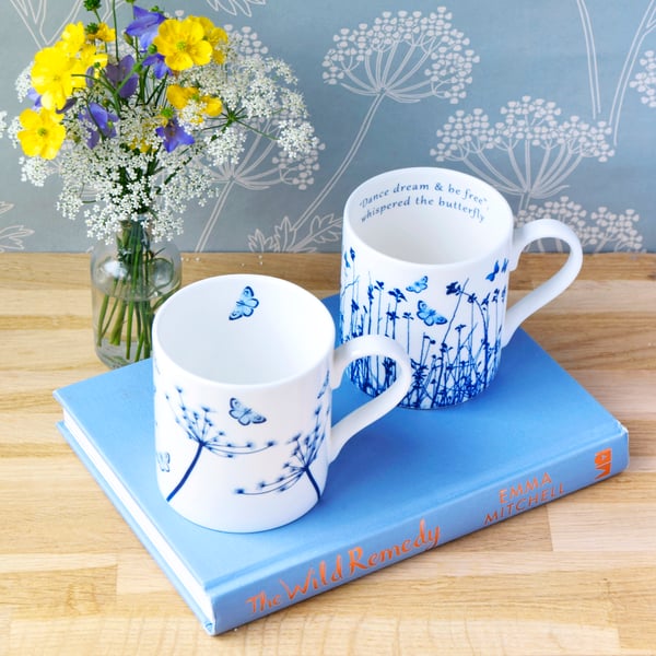 Two Fine Bone China Mugs, Blue and White Mug Set UK,  Mother’s Day gift