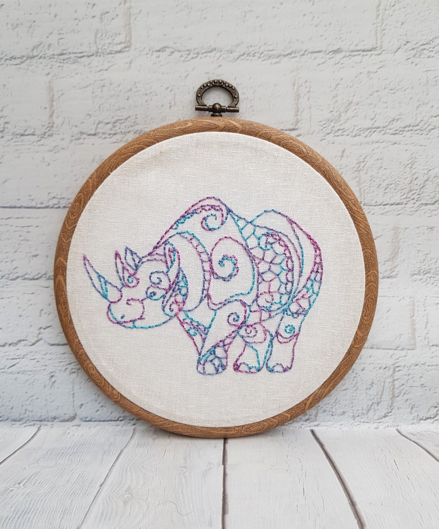 Rhino Embroidery Hoop, Rhino Art, Rhino Gift, Endangered Species