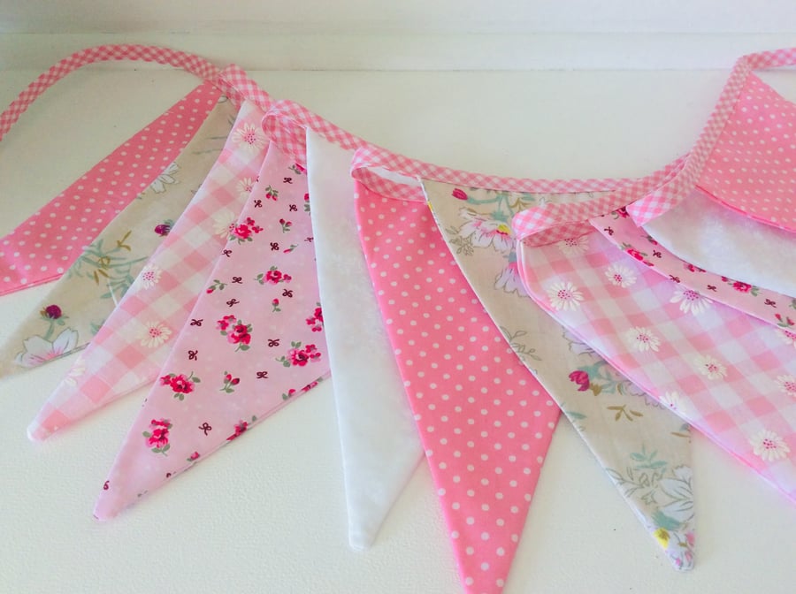Pink Bunting - 11 flags 7ft long or 2.4m a mix of pink and beige shades
