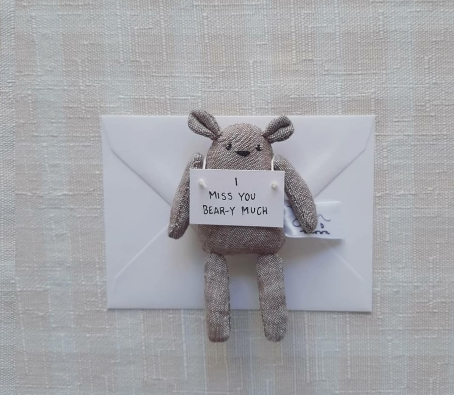 Small Pocket Light Brown Bear holding Note, I Miss You, Gift
