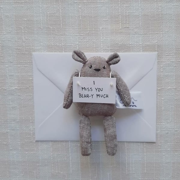 Small Pocket Light Brown Bear holding Note, I Miss You, Gift