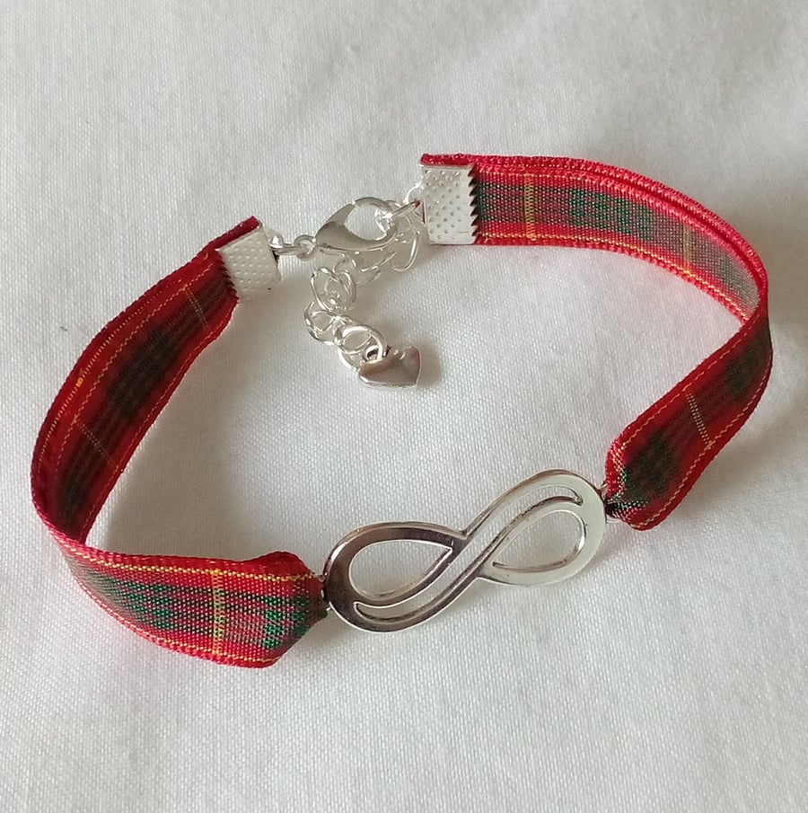 Infinity knot bracelet with scottish tartan ribbon, plaid jewelry