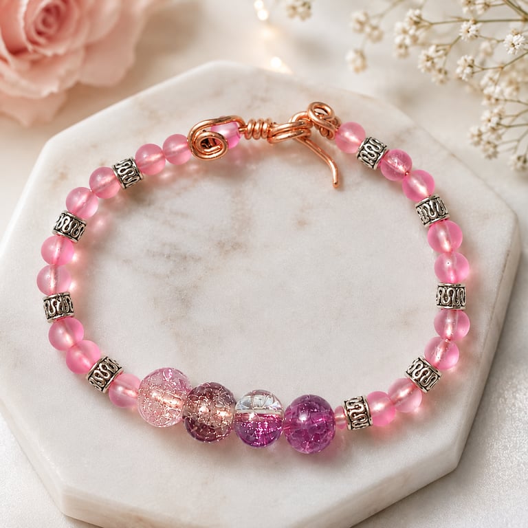 Handmade Pink Purple Glass Bead Bracelet Copper Wire Gift for Her UK
