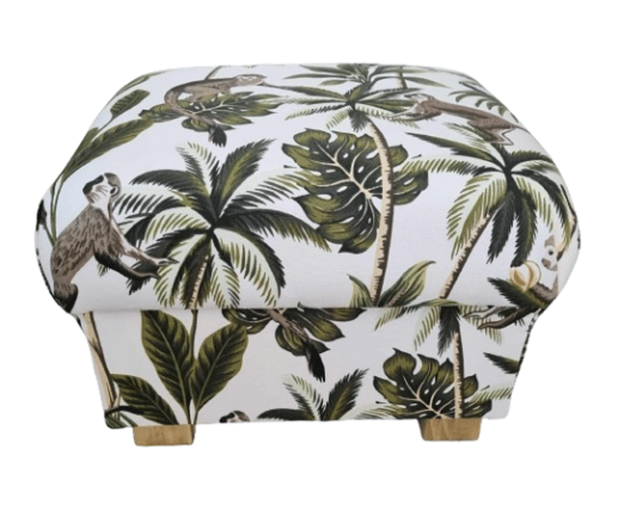 Storage Footstool Fryetts Monkeys Natural Fabric Pouffe Jungle Animals Ape Green
