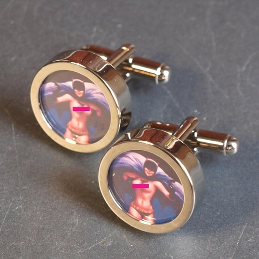 Pin Up Nude Batgirl Cufflinks from 1950s Vintage Calendars Comic Cuff Links 