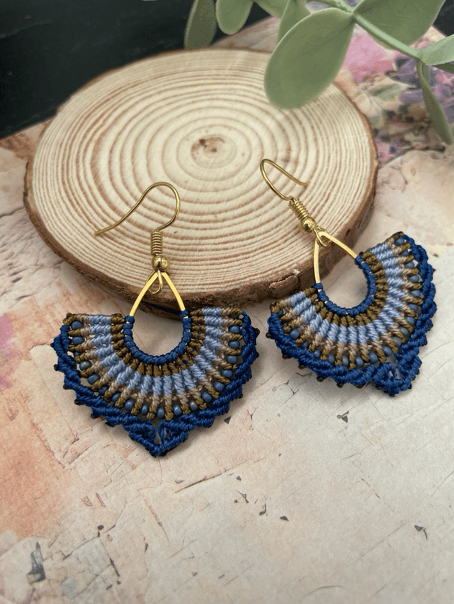 Dangle earrings, pretty micro macrame beaded fan design earrings, boho earrings 