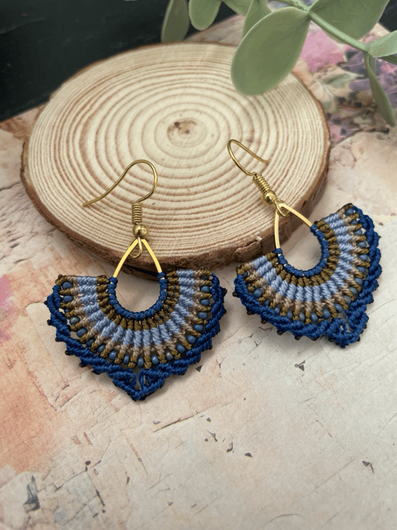 Dangle earrings, pretty micro macrame beaded fan design earrings, boho earrings 