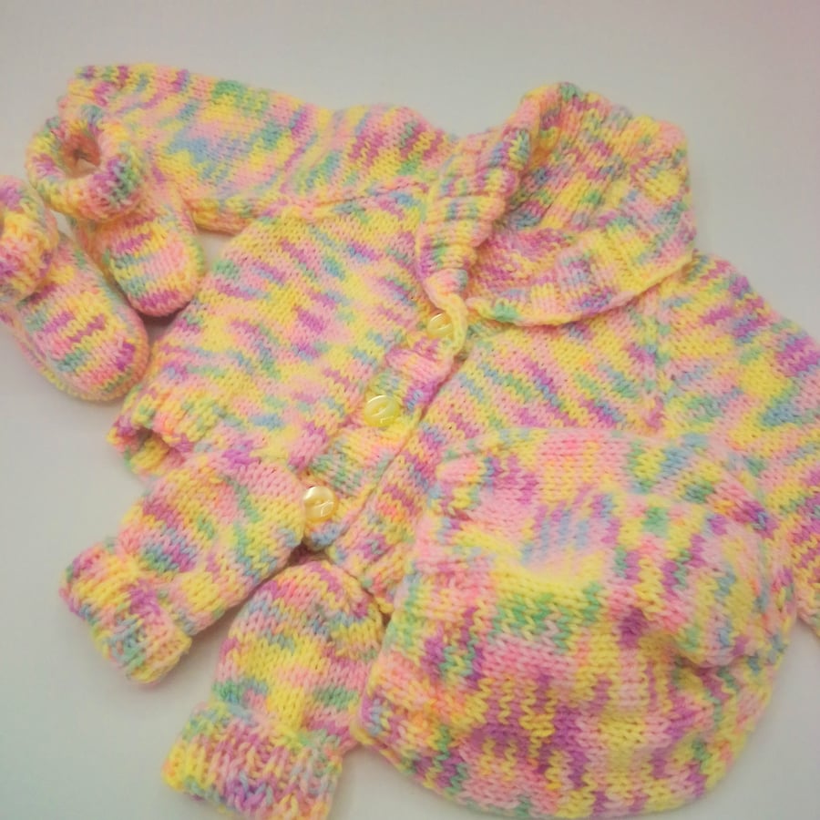 Cardigan with Shawl Collar Hat Mittens and Booties Set, Baby Shower Gift