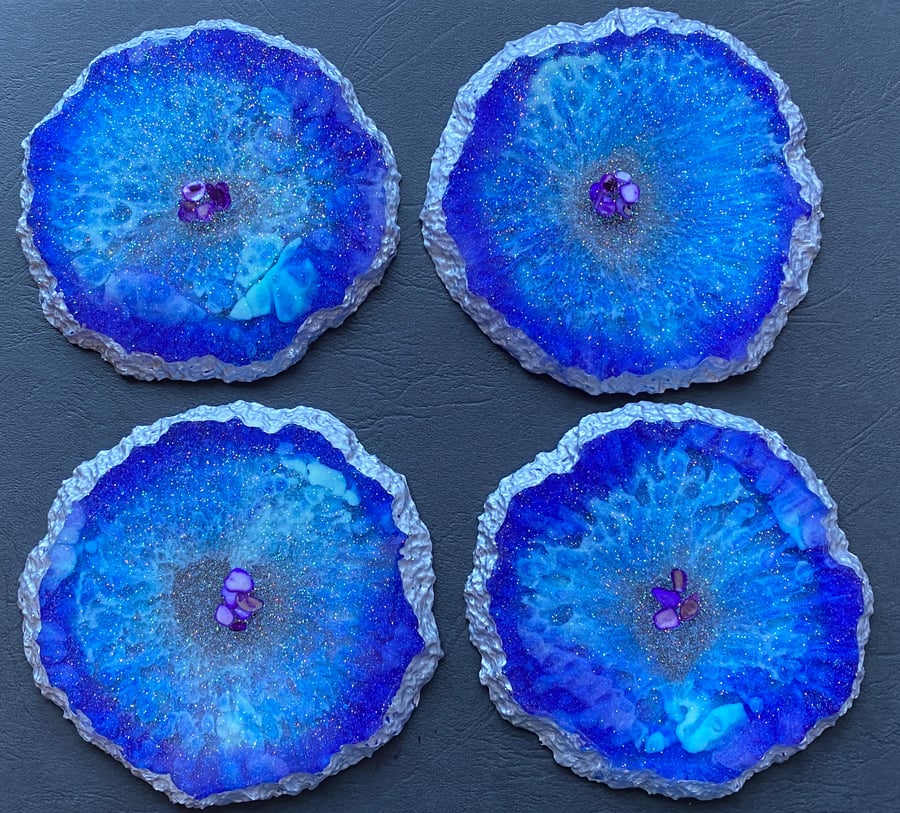 Handmade Cobalt Blue and Turquoise Geode Style Resin Coaster set of 4