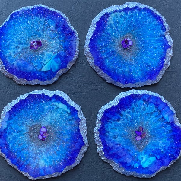 Handmade Cobalt Blue and Turquoise Geode Style Resin Coaster set of 4