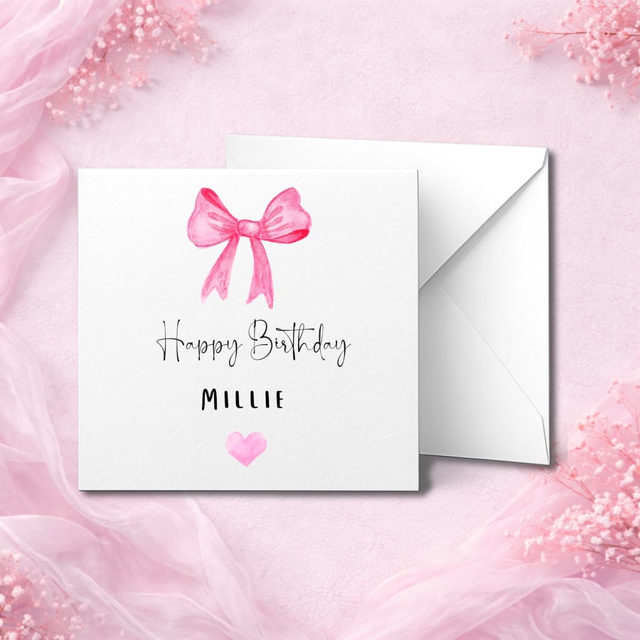 Personalised Pink Bow Happy Birthday Card - Handmade Custom Name Card - 