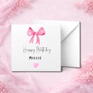 Personalised Pink Bow Happy Birthday Card - Handmade Custom Name Card - 